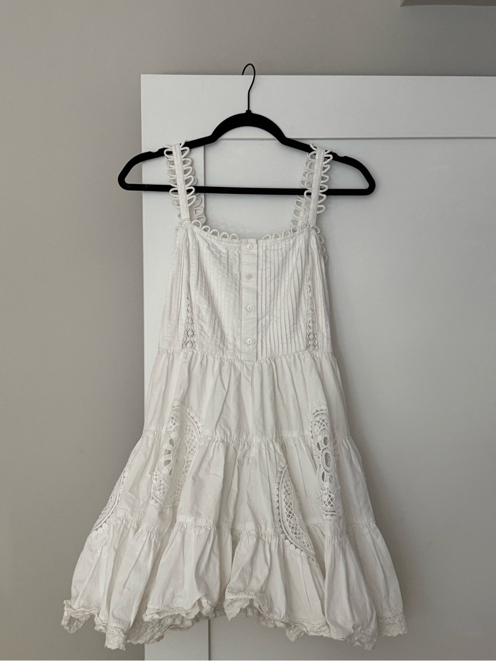 Anthropologie White Lace-Trim Tiered Mini Dress